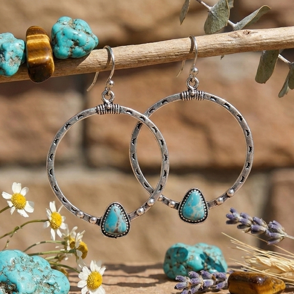 Boho Silver Plated Hoop Earrings w/ Turquoise Resin Accent | Southwestern Tribal
